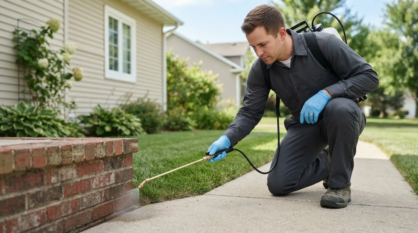 Pest control technician treating a home near Stuart, VA